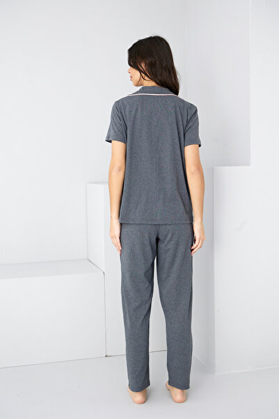 Siyah İnci Anthracite Heart Piping Detailed Knitted Pajama Set7891