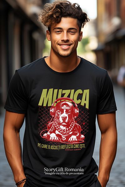 StoryGift Romania Tricou Barbati Caine Gangster Cu Casti Audio Si Lant Gros Text Muzica Pe Care O Asculti Re Stg