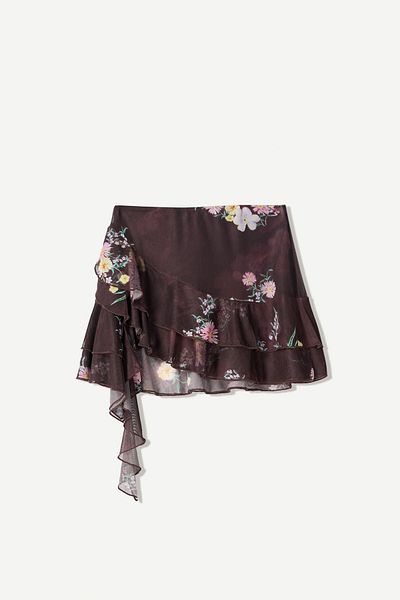 Bershka Printed Ruffled Tulle Mini Skirt