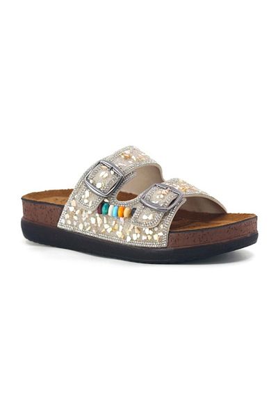 soElite Orthopedic Sole Stone Bead Embroidered Double Buckle Sea Pool Beach Daily Women's Slippers