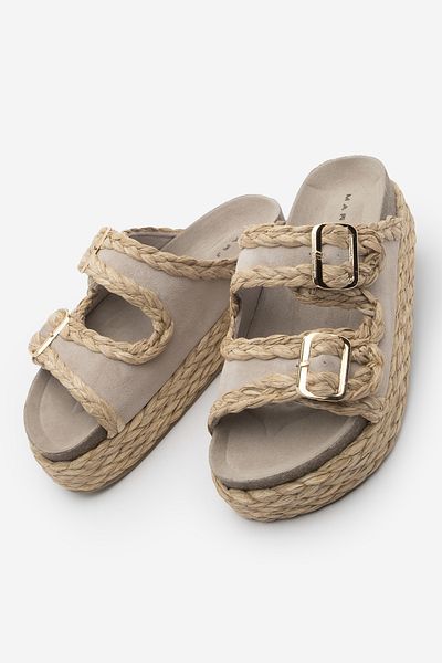 Marjin Women's Genuine Leather Thick Straw Sole Double Banded Braided Daily Slippers Barno Beige Suede
