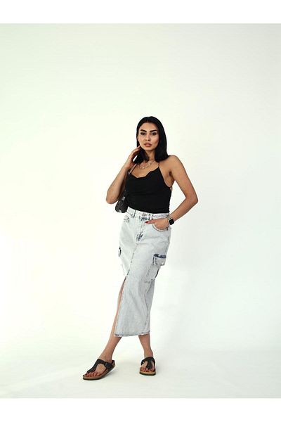 Zeo Basic Maxi Denim Skirt with Slit and Pocket Detail