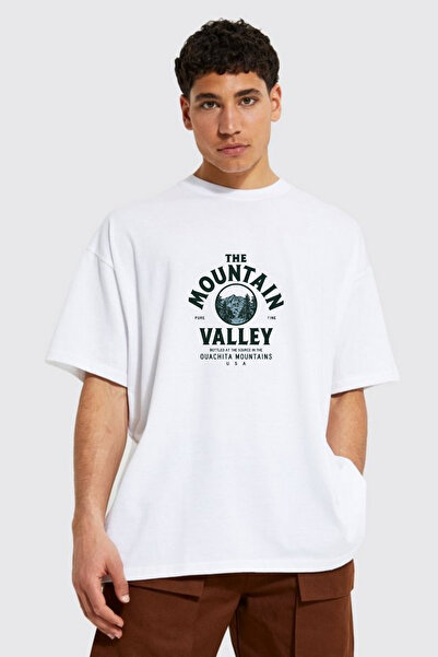 prtnc protonic Erkek Oversize Beyaz T-shirt Montain Baskılı %100 Pamuk Kalın ...