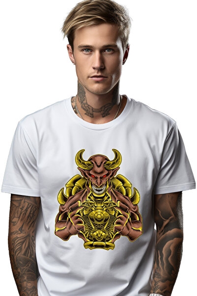 StoryGift Romania Tricou Barbati Cu Demon, Coarne, Armura, Gheare, Zambet, Cu Imprimeu Pe Fata, 100% Bumbac Stg