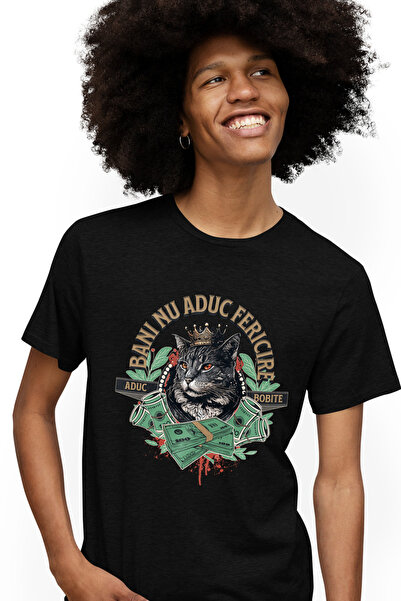 StoryGift Romania Tricou Barbati Bani Nu Aduc Fericire Dar Aduc Bobite Pisica...