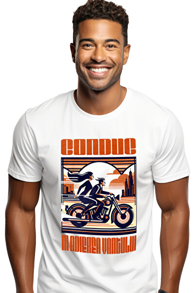 StoryGift Romania Men's T-Shirt Couple on Motorcycle Text Driving in the Bree...