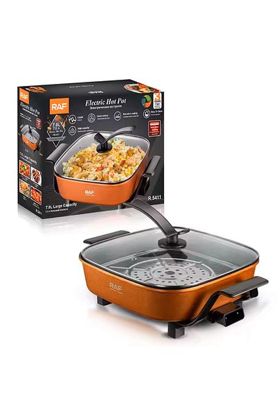 MACON RAF 1200W 5L Electric Hot Pot with Non-Stick Coating & Tempered Glass Lid – Multi-functional