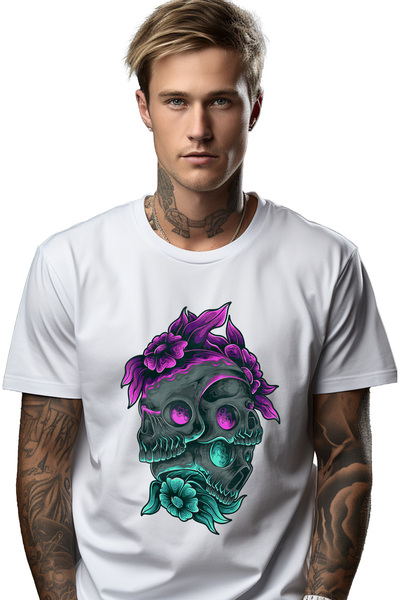 StoryGift Romania Tricou Barbati Cu Cranii, Flori, Frunze, Teanc, Flacari, Fa...