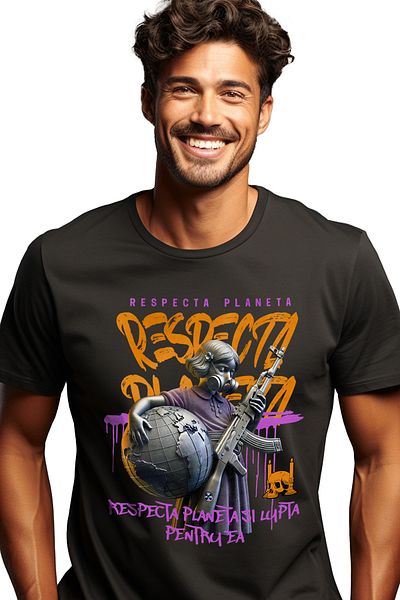 StoryGift Romania Men's T-Shirt Respect the Planet and Fight for It with Print on the Front, 100% Cotton, Black Stg