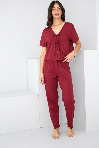 Siyah İnci Set pijama tricotată cu șireturi roșu Claret7889