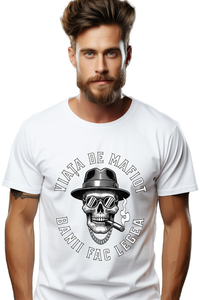 StoryGift Romania Tricou Barbati Craniu Cu Palarie Si Trabuc Viața De Mafiot....