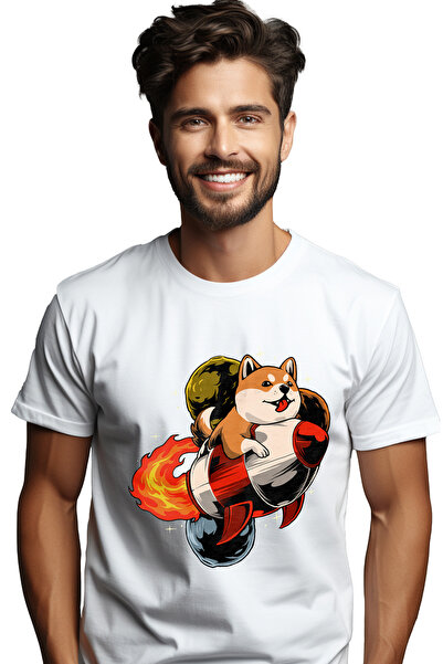StoryGift Romania Tricou Barbati Cu Catel, Shiba Inu, Racheta, Foc, Cu Imprim...