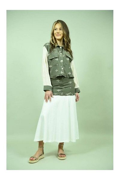 Y TWO WOMEN Long Skirt in Blocks with Appliqued Embroidery Mermaid Khaki S-m