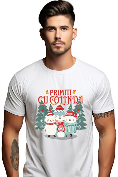 StoryGift Romania Tricou Barbati Primiti Cu Colinda Om De Zapada Craciun Cu Imprimeu Pe Fata, 100% Bumbac, Stg