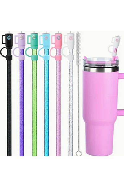 Buycobox 40oz Stanl. 13 Pieces Replacement Glitter Straws and Caps for Travel Tumblers Cups, with Cleaning Brush