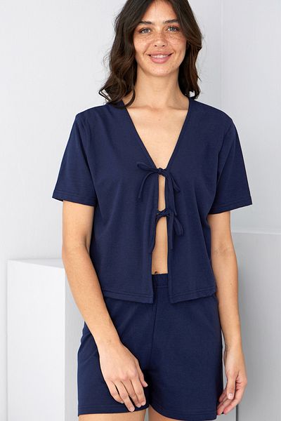Siyah İnci Navy Blue Tie-Up Knitted Shorts Set7888