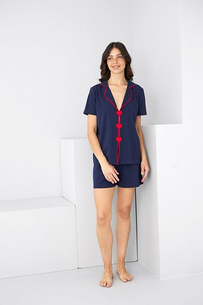Siyah İnci Navy Blue Hearted Piping Detailed Knitted Shorts Set7890