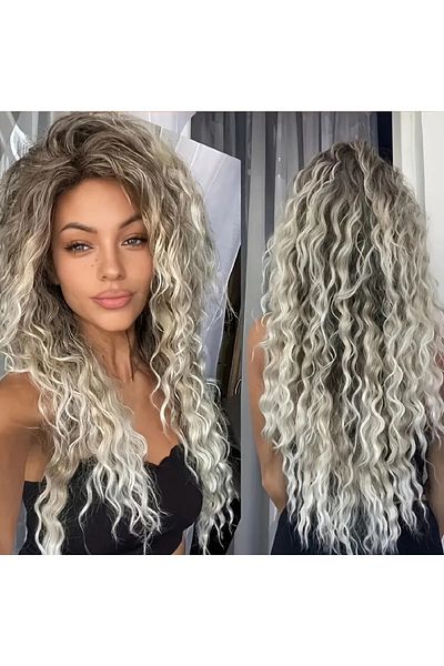 animis beauty Ombre Blonde GREY wig, long, curly, without bangs, synthetic fiber with natural look, 70 cm