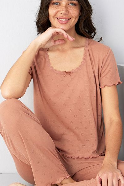 Siyah İnci Dark Powder Pointel Openwork/Hole Knitted Pajamas Suit7893