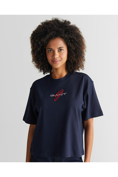 Gant Kadın Lacivert Bisiklet Yaka Logolu T-Shirt