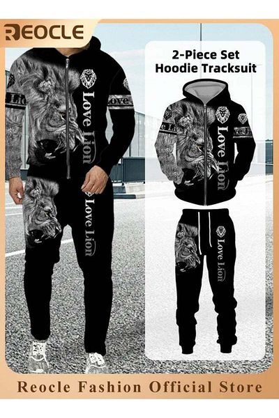 REOCLE Men's 2 Pcs Hoodie Set Sweatshirt Suit 3D Printed Long Sleeve Hoodie Trackpant Casual Suit
