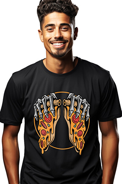 StoryGift Romania Tricou bărbătesc cu felii de pizza, schelet, mâini, cerc, brânză, mâncare, fast-food, cu Stg Im