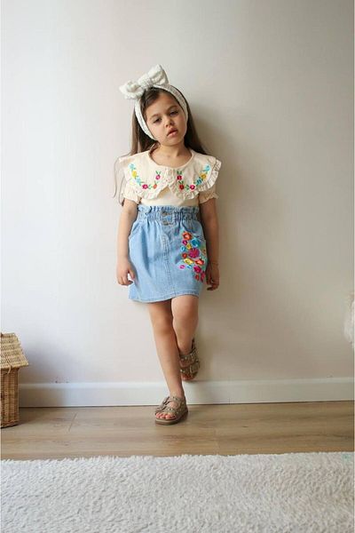 tunays shopping Girl's Denim Skirt Collar Detailed Suit