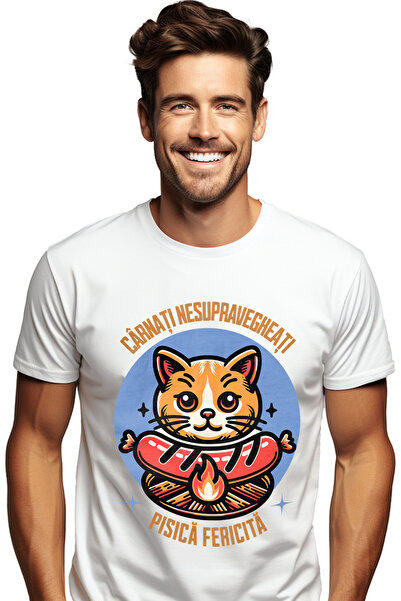 StoryGift Romania Tricou Barbati Pisica Fericita Ce Tine Un Carnacior, Gratar...