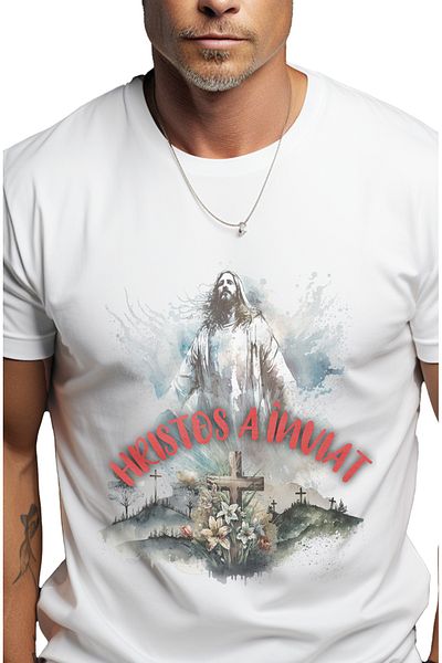 StoryGift Romania Tricou Barbati Hristos A Înviat Issus In Cer Paste Sarbatori Cu Imprimeu Pe Fata, 100% Bumstg