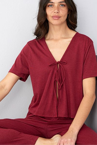 Siyah İnci Set pijama tricotată cu șireturi roșu Claret7889
