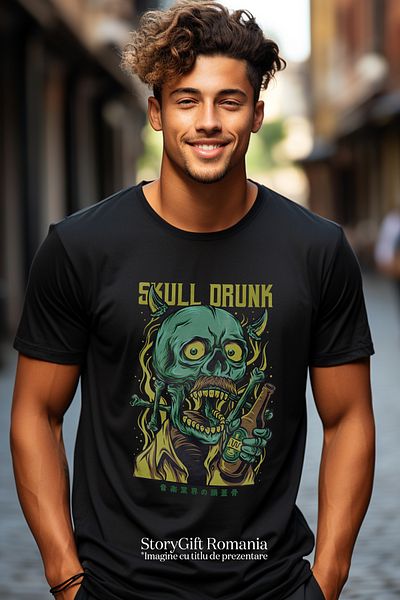 StoryGift Romania Men's T-Shirt With Skeleton Portrait Skull Man With Orange Shirt And Horns, Glass IN Man