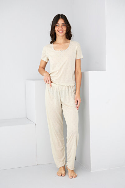 Siyah İnci taş rengi Pointel Ajurlu/Delikli Örme Pijama Takım7893