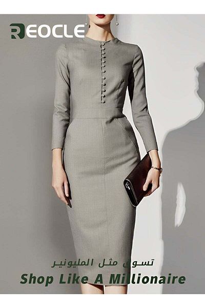 REOCLE Women's Elegant Dress Front Button Dress Round Neck Long Sleeve Waist Slim Fit Mid-Length Dress