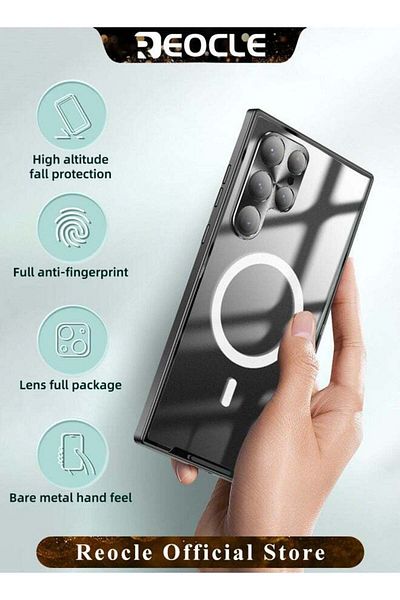 REOCLE Phone Case Drop-Resistant Metal Shell Frosted Semi-Transparent Phone Case for Samsung S23 Ultra