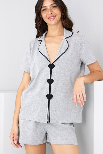 Siyah İnci Gray Heart Piping Detailed Knitted Shorts Set7890