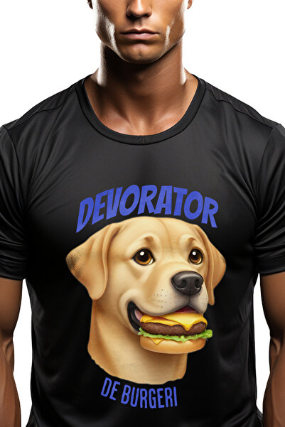 StoryGift Romania Tricou Barbati Caine Mancand Un Burger, Text Devorator Burg...