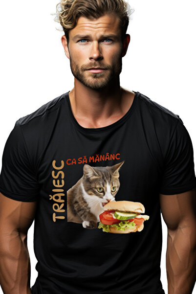StoryGift Romania Tricou Barbati Pisica Cu Un Hamburger Text Haios Traiesc Ca...