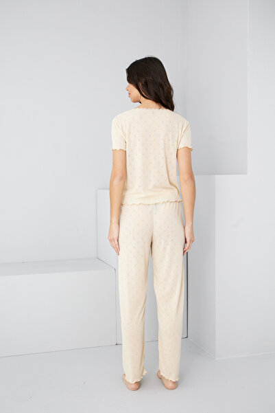 Siyah İnci Cream Colored Pointel Openwork/Hole Knitted Pajamas Suit7893