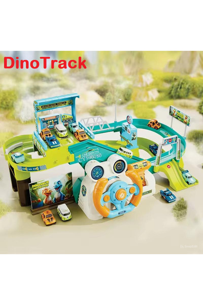 indiggo DinoTrack play set with steering wheel, lights, sounds, and 4 cars