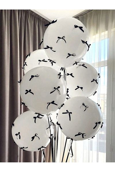 PartyPoo White Balloon and Black Bow Set Birthday Bride to Be Party Bow Balloon, Ribbon Balloon