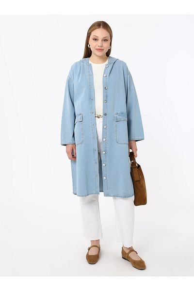 ALİA Plus Size Blue Denim Hooded Overcoat - Alia