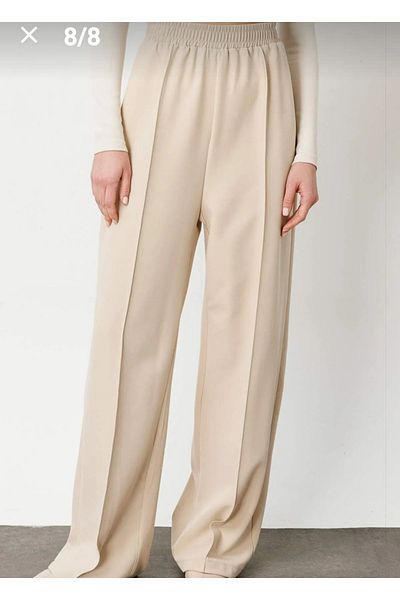 Dagü Design Women's Ribbed Tetayed Elastic Beige Crepe Trousers
