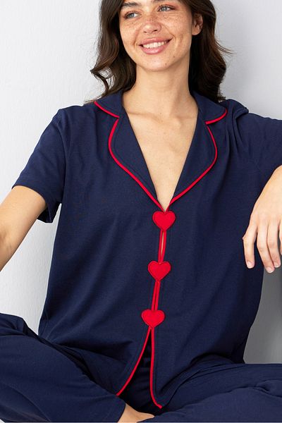 Siyah İnci Navy Blue Heart Piping Detailed Knitted Pajama Set7891