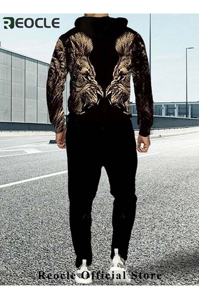 REOCLE Men's 2 Pcs Hoodie Set Sweatshirt Suit 3D Printed Long Sleeve Hoodie Trackpant Casual Suit