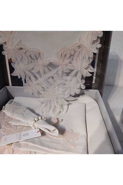 Vinezza Home Collection طقم أدوات مائدة من الدانتيل الفرنسي مكون من 34 قطعة من الكتان