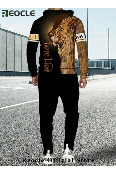 REOCLE Men's 2 Pcs Hoodie Set Sweatshirt Suit 3D Printed Long Sleeve Hoodie Trackpant Casual Suit