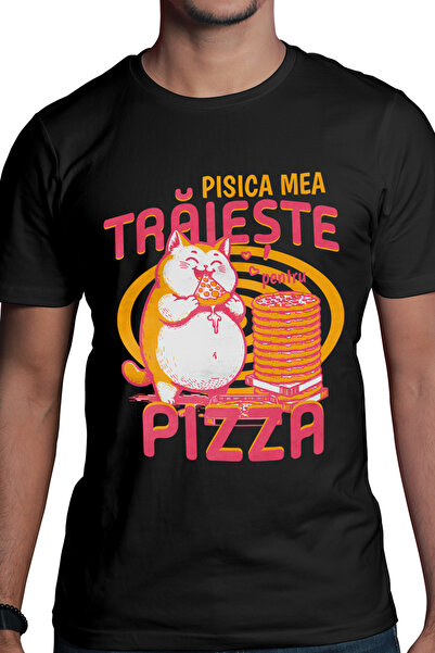 StoryGift Romania Tricou Barbati Pisica Mancand Pizza Text Pisica Traieste Pi...