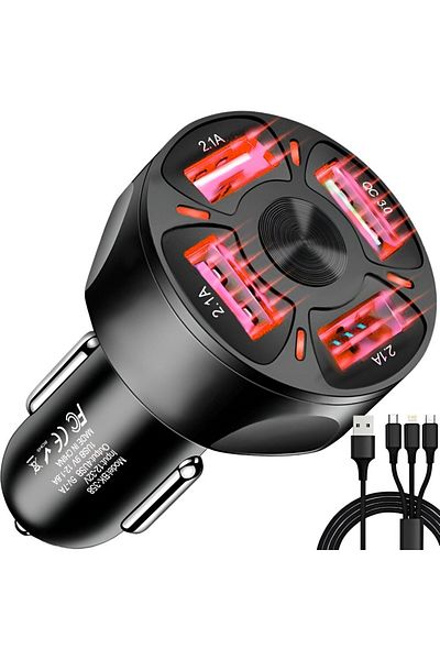 Velixo Încărcător auto, 4 porturi USB, QC3.0, LED, 12-32V, cu cablu 3 în 1: Micro USB, Lightning, Tip C