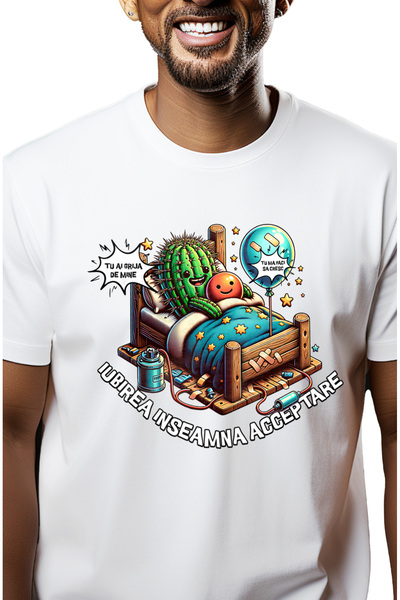 StoryGift Romania Tricou Barbati Cuplu In Pat Cactus Si Balon Acceptare Defec...