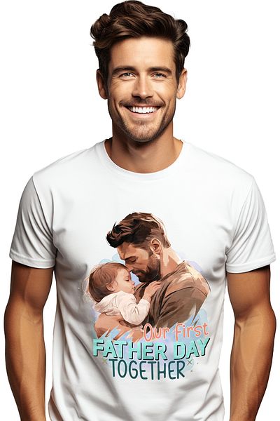 StoryGift Romania Tricou Barbati Cu Un Tata Care Isi Tine Copilul In Brate Cu Mesajul "our First Father Day Stg